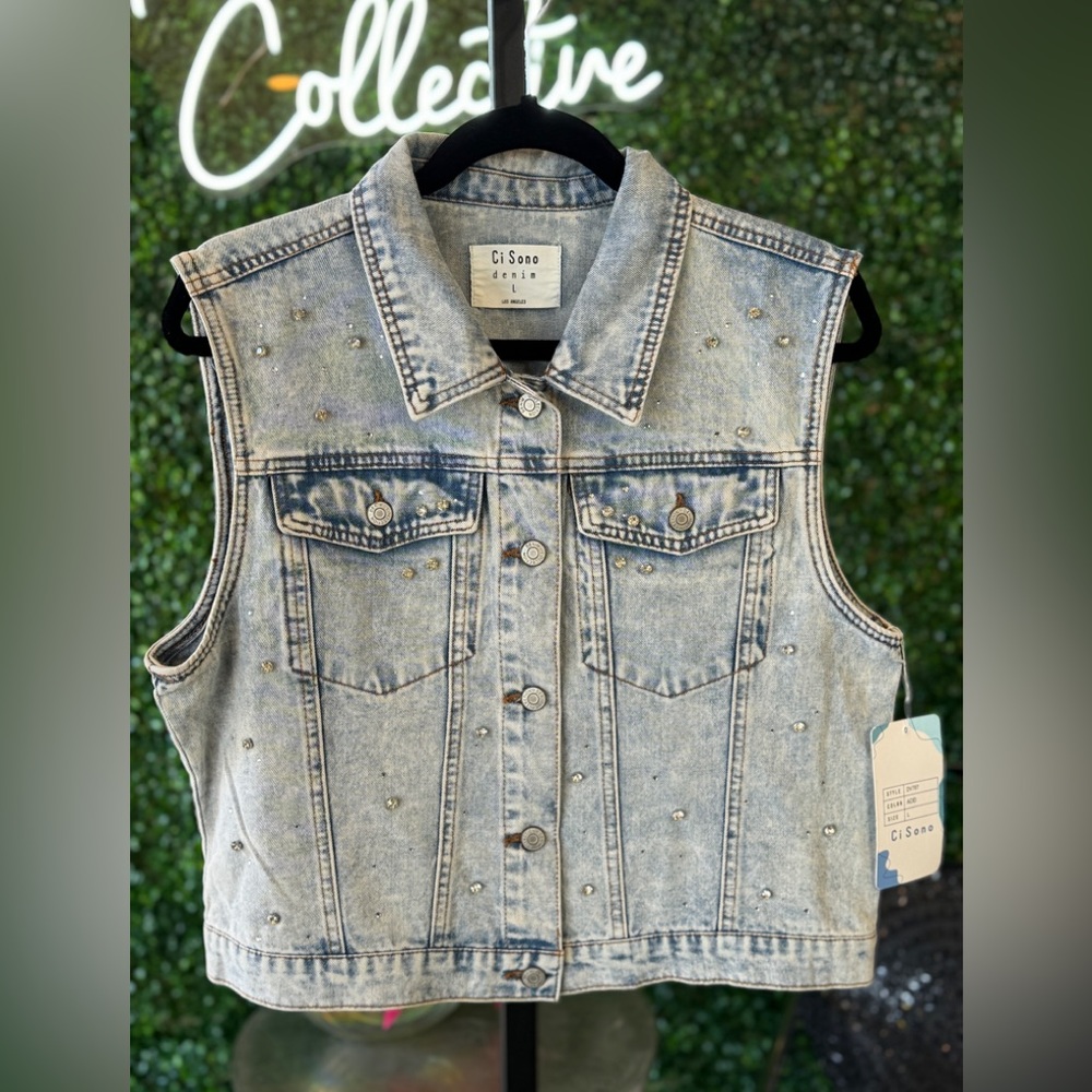 New CiSono Rhinestone Embellished Denim Vest size Large